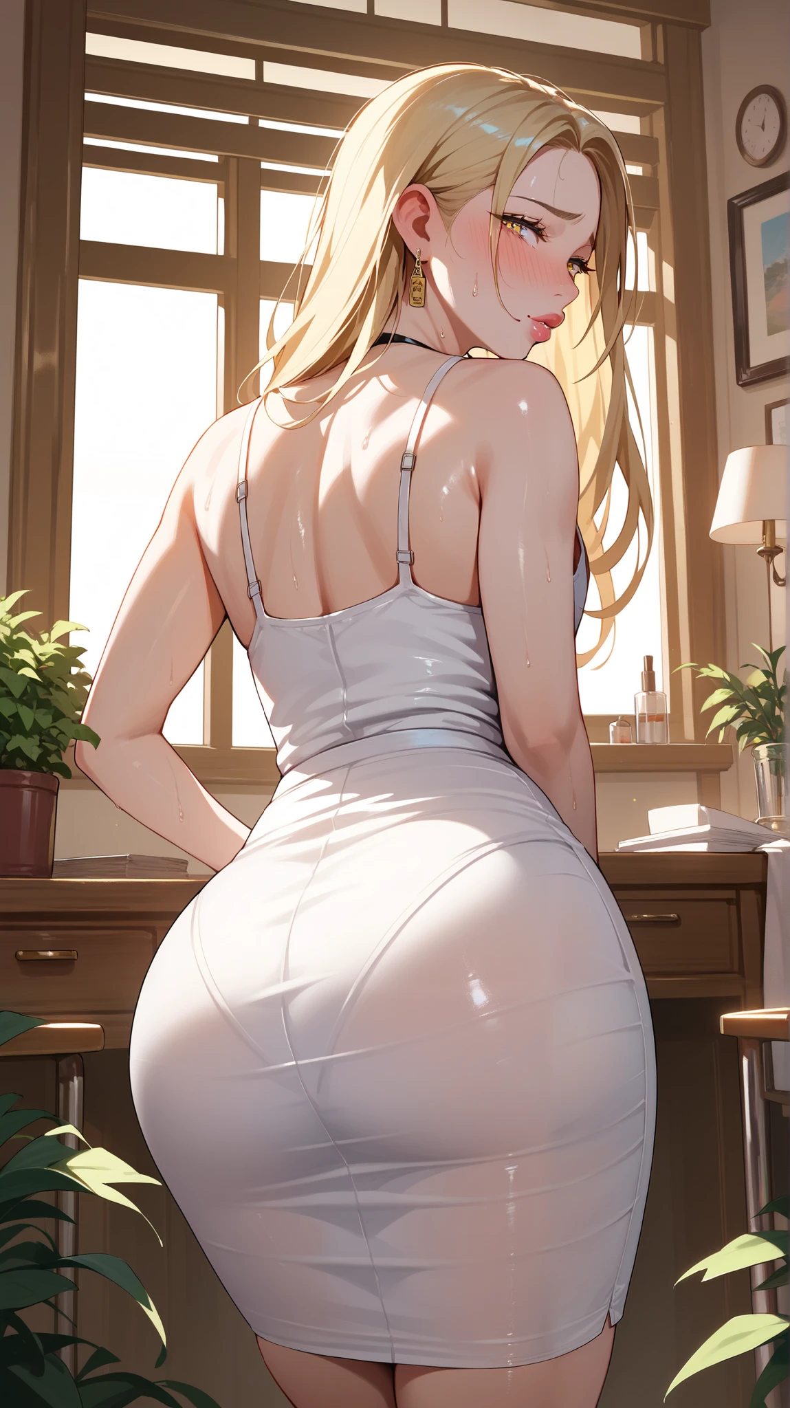 Score_9, Score_8_up, Score_7_up, Score_6_up, Score_5_up, Score_4_up, Source_anime, Tag1, Tag2, Best quality, High quality, Detailed, High resolution, 8k, Ultra high res, Soft saturation, Professional quality, Perfect contrast, Perfect lighting, Anatomically correct, Sensual femboy (1boy) Embarrassed, shy, seductive, Long hair, Blonde hair, Sidelocks, Yellow eyes, Slutt, Plump, Full lips, Thick lips, Hot, Sweating, big ass (wearing a long white sundress. (Back gangle, leaning over, looking over the shoulder)