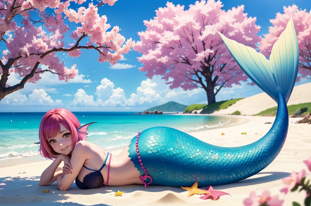 masterpiece, best quality:1.2), 1girl, smile, looking at viewer, green eyes, short brown multicolored hair, mermaid, mermaid girl, wearing purple seashell bra, laying on beach, colorful mermaid tail, outdoors, head fins, fin ears, under cherry blossoms