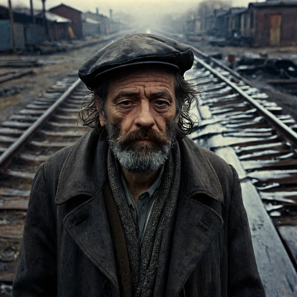 An oil painting close-up of a European-looking homeless man, dressed in 1950s, vintage, lonely walking near abandoned train tracks, wearing trench coat, oil painting Nick Alm style, realistic, mysterious, desolation, abandonment, cinematic lighting, dramatic shadows, melancholic atmosphere, high contrast, film grain, detailed textures, worn surfaces, cinematic composition, melancholic mood, atmospheric, rough, gloomy, evocative