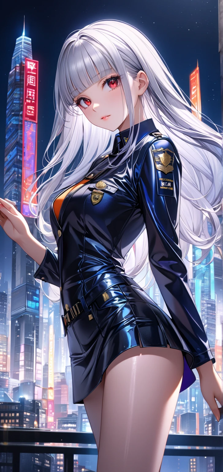 1个Giant Breast Girl，Purple colored hair，Long flowing hair，Qi bangs，Delicate and beautiful face，crisp breasts，Convex buttocks，Wearing a dark blue military uniform，Black tight short sleeves，dark blue short dress，black suspenders stockings，Dark blue sleeves，Dark blue high heels，beachside，Bald Eagle，Naval warships，American flag，perfectly proportioned, Cinematic lighting, filmgrain, Fuji colors, lightand shade contrast, 8K, 巨作, Textured skin, Super detail, high detal, High quality, A high resolution,