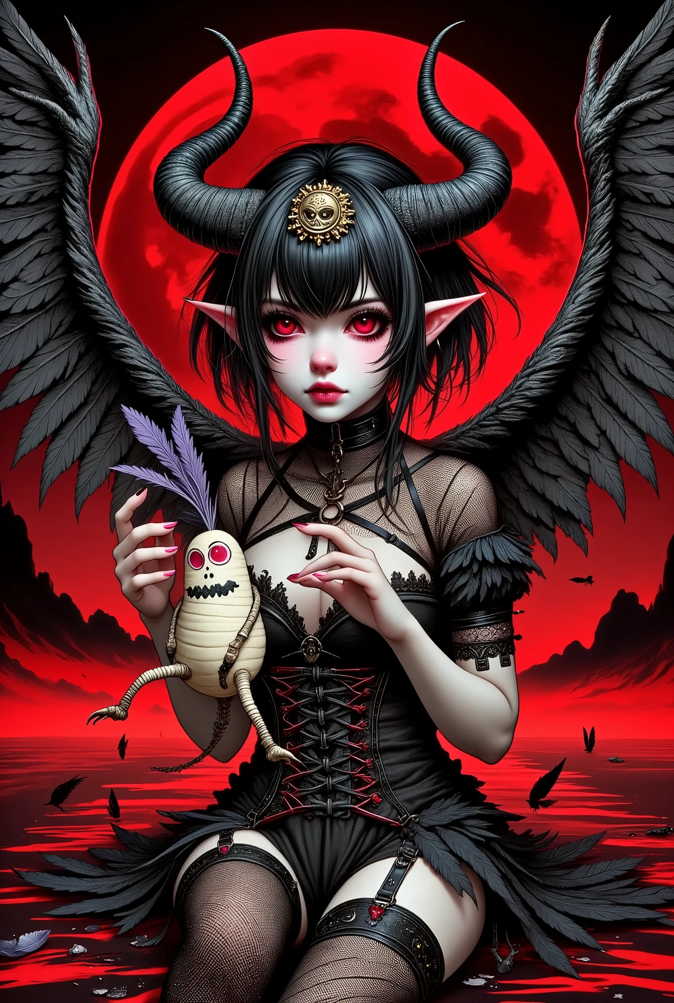 (Ultra-detailed face, Looking away, Fantasy Illustration with Gothic. Dark tone colors.), BREAK 
(A red moon rises over the gothic queen's bedroom in Devil's Castle, furnished with DAIKON motifs. A young succubus lies in a daring pose on an opulent canopied bed. She holds a stuffed DAIKON, which resembles a radish, a vegetable with pretty leaves and a smile, and French-kisses it coyly.), BREAK 
(She has jet-black hair and eyebrows, blunt bangs, ground-length messy hair, glowing red eyes with yellow stars, small pink lips, pale skin, and dark, thick eyeliner.), BREAK 
(She wears a tiara with a skull motif and a black leather chukar. She wears a high-leg bodysuit of lace fabric made of raven feathers and embroidered with red thread, and stocking boots with braided red laces. On her back she has a pair of large raven-shaped wings.)