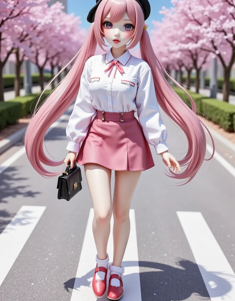 1girl, solo, long hair, looking at viewer, skirt, shirt, long sleeves, hat, holding, twintails, very long hair, standing, full body, white shirt, pink hair, flower, outdoors, shoes, socks, pink eyes, bag, arm up, tree, black headwear, shadow, standing on one leg, cherry blossoms, pink skirt, walking, road, pink theme, spring \(season\), crosswalk, pink socks, hatsune miku, sakura miku , eye trail,backlighting,depth of field,cinematic lighting,light particles,lens flare, (artist:quasarcake:0.8),extreme aesthetic,(wlop:0.6),honjou honjou raita,lack,rella,wanke, raita,lack,rella,wanke,masterpiece,best quality,good quality,newest,year 2024,year 2023,very aesthetic,absurdres,Visual impact,A shot with tension, ultra-high resolution,32K UHD,sharp focus,best quality,masterpiece,Emotionalization,unconventional supreme masterpiece,masterful details,temperate atmosphere,with a high end texture,in the style of fashion photography, (Visual impact:1.2),giving the poster a dynamic and visually striking appearance,impactful picture,offcial art,colorful,splash of color,movie perspective, masterpiece,best quality,amazing quality,very aesthetic,absurdres,best quality,newest,crossed legs,as ghost mode,gylm