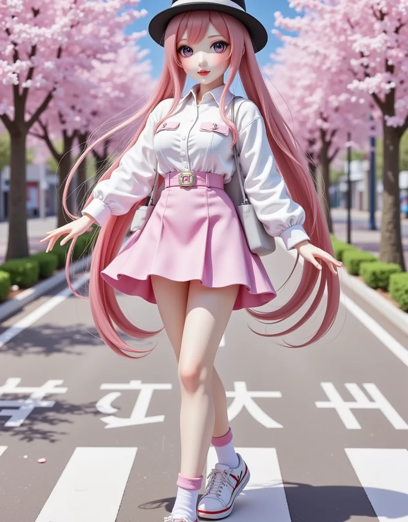 1girl, solo, long hair, looking at viewer, skirt, shirt, long sleeves, hat, holding, twintails, very long hair, standing, full body, white shirt, pink hair, flower, outdoors, shoes, socks, pink eyes, bag, arm up, tree, black headwear, shadow, standing on one leg, cherry blossoms, pink skirt, walking, road, pink theme, spring \(season\), crosswalk, pink socks, hatsune miku, sakura miku , eye trail,backlighting,depth of field,cinematic lighting,light particles,lens flare, (artist:quasarcake:0.8),extreme aesthetic,(wlop:0.6),honjou honjou raita,lack,rella,wanke, raita,lack,rella,wanke,masterpiece,best quality,good quality,newest,year 2024,year 2023,very aesthetic,absurdres,Visual impact,A shot with tension, ultra-high resolution,32K UHD,sharp focus,best quality,masterpiece,Emotionalization,unconventional supreme masterpiece,masterful details,temperate atmosphere,with a high end texture,in the style of fashion photography, (Visual impact:1.2),giving the poster a dynamic and visually striking appearance,impactful picture,offcial art,colorful,splash of color,movie perspective, masterpiece,best quality,amazing quality,very aesthetic,absurdres,best quality,newest,crossed legs,as ghost mode,gylm