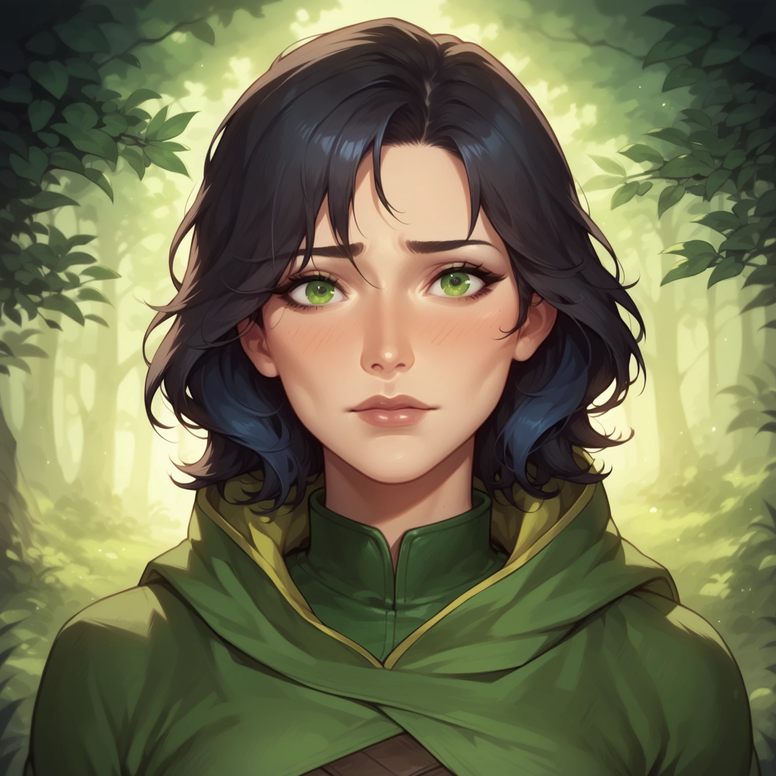 (((beautiful, high quality, comics style, detailed face))), score_9, score_8_up, score_7_up, BREAK, BLACK HAIR, asian woman, (wearing a rogue outfit, hood, bandoleer, cloak), green eyes, dark blue hair, bangs in her eyes, nervous expression, 1girl, female focus, solo, portrait, upper body, portrait, fantasy, nighttime, forest background, (dynamic lighting:1.1) ((masterpiece)), Expressiveh, detailxl