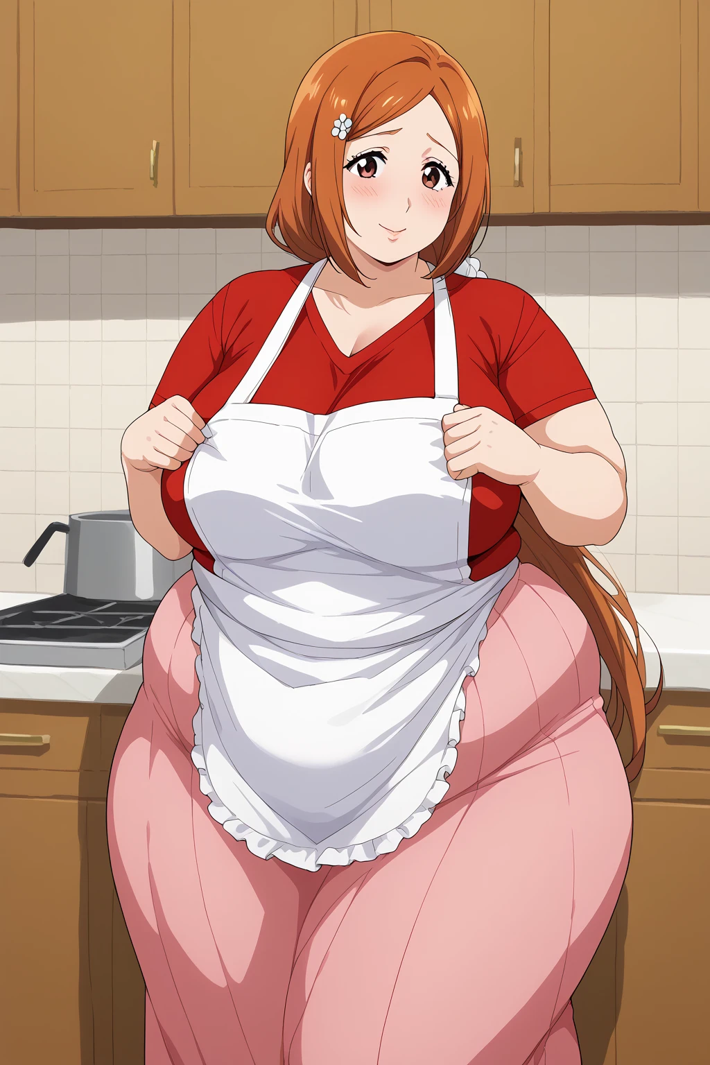 inoue orihime, Orihime Inoue,  long hair,  orange hair, (brown eyes),low ponytail, I'm tying my hair to one at the back, ((Pink Skirt)), Long Skirts,((red blouse t-shirt)), (( white apron)),Long apron, White scrunchie,40 years old,milf,  score_9,  score_8_ up,  score_7_ up,  score_6_ up,  score_5_ up,  score_4_ up,  Masterpiece ,  top quality , Very aesthetic,   absurd,  Source_Anime, Anime screencap , ssbbw,  one woman、Alone、 personal ,Curvy、 embarrassing expression 、 kitchen,  in her 20s, chybby、blush, Mature Woman, Fat face, Married Woman,