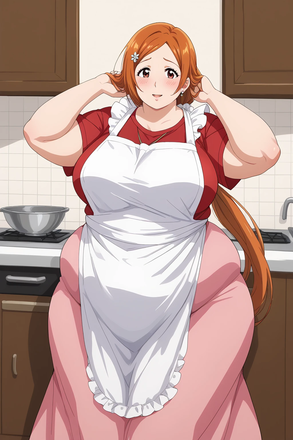 inoue orihime, Orihime Inoue,  long hair,  orange hair, (brown eyes),low ponytail, I'm tying my hair to one at the back, ((Pink Skirt)), Long Skirts,((red blouse t-shirt)), (( white apron)),Long apron, White scrunchie,40 years old,milf,  score_9,  score_8_ up,  score_7_ up,  score_6_ up,  score_5_ up,  score_4_ up,  Masterpiece ,  top quality , Very aesthetic,   absurd,  Source_Anime, Anime screencap , ssbbw,  one woman、Alone、 personal ,Curvy、 embarrassing expression 、 kitchen,  in her 20s, chybby、blush, Mature Woman, Fat face, Married Woman,