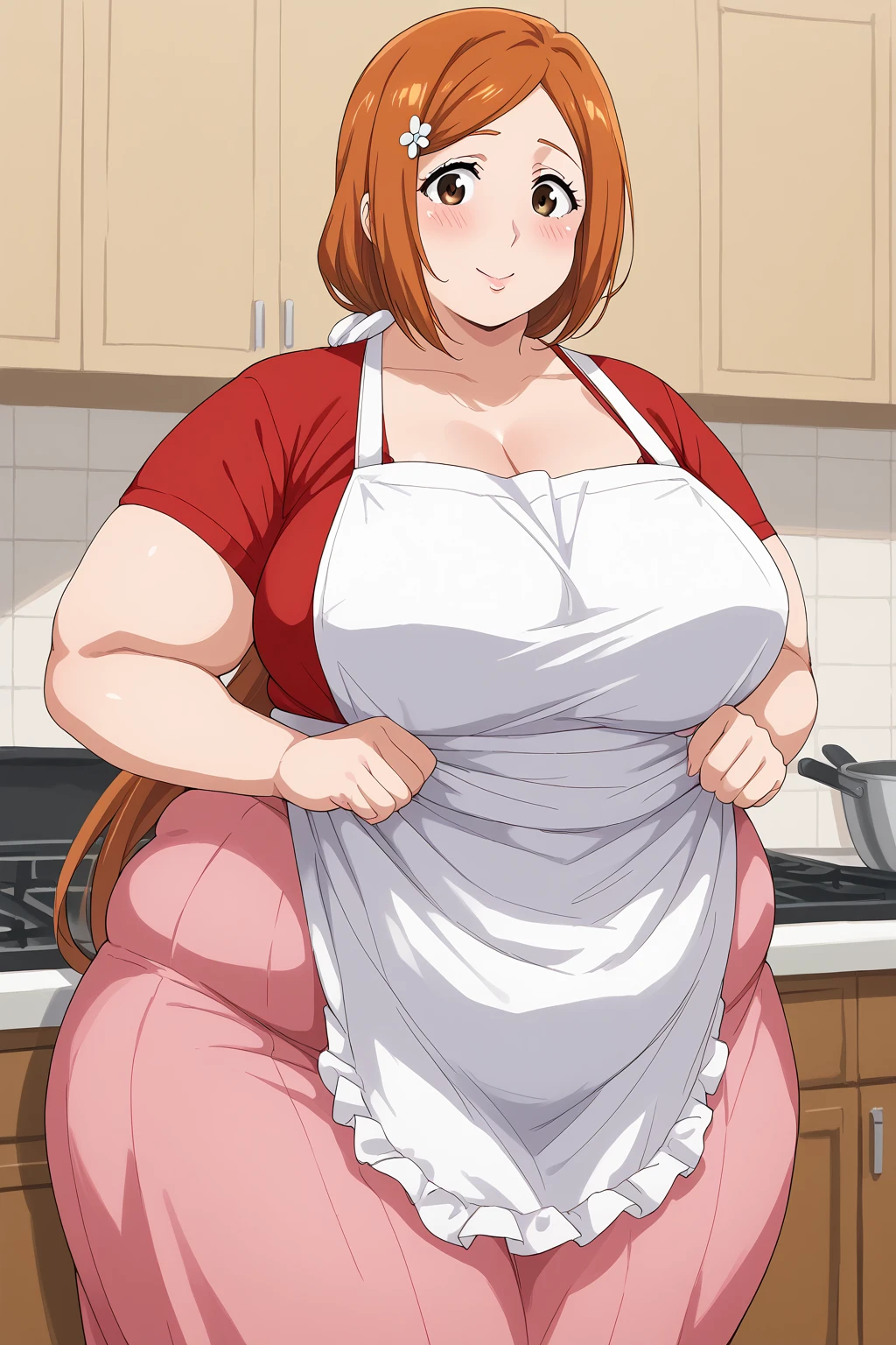 inoue orihime, Orihime Inoue,  long hair,  orange hair, (brown eyes),low ponytail, I'm tying my hair to one at the back, ((Pink Skirt)), Long Skirts,((red blouse t-shirt)), (( white apron)),Long apron, White scrunchie,40 years old,milf,  score_9,  score_8_ up,  score_7_ up,  score_6_ up,  score_5_ up,  score_4_ up,  Masterpiece ,  top quality , Very aesthetic,   absurd,  Source_Anime, Anime screencap , ssbbw,  one woman、Alone、 personal ,Curvy、 embarrassing expression 、 kitchen,  in her 20s, chybby、blush, Mature Woman, Fat face, Married Woman,