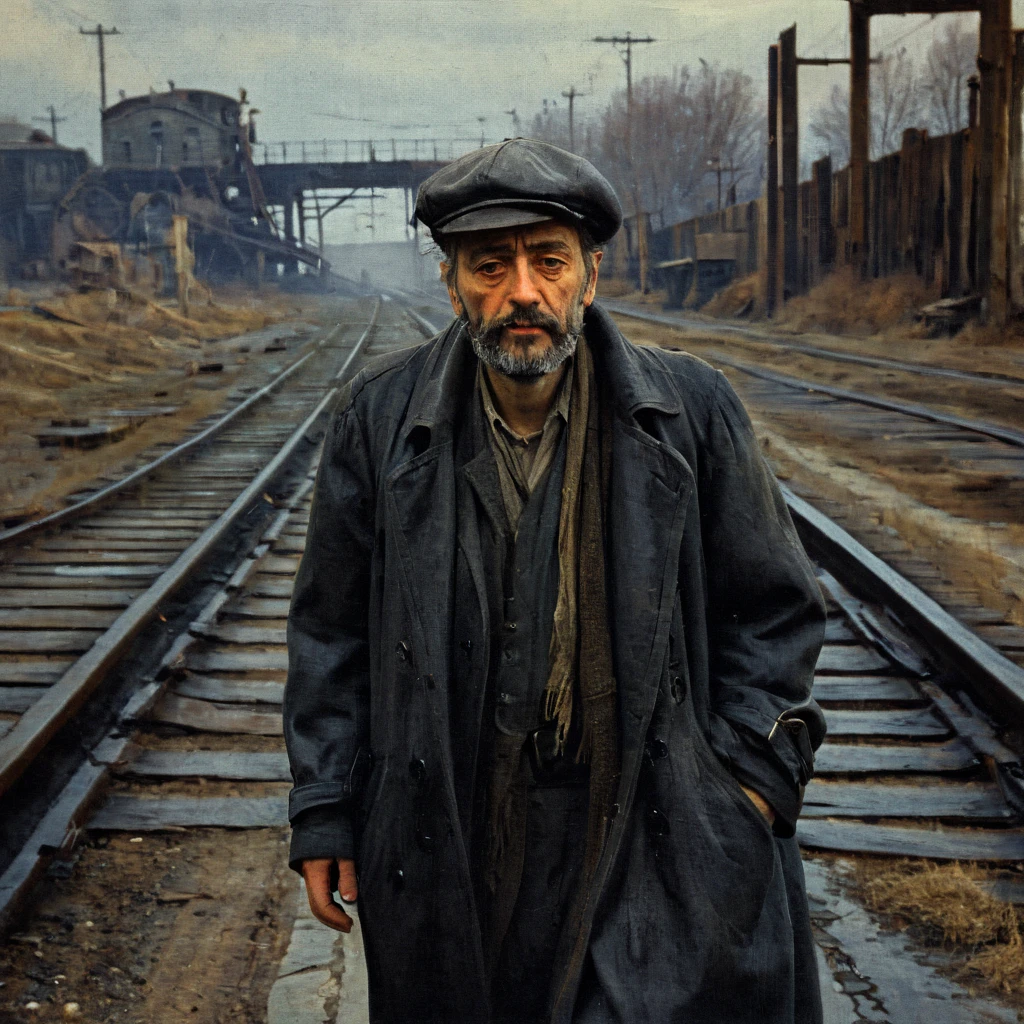 An oil painting close-up of a European-looking homeless man, dressed in 1950s, vintage, lonely walking near abandoned train tracks, wearing trench coat, oil painting Nick Alm style, realistic, mysterious, desolation, abandonment, cinematic lighting, dramatic shadows, melancholic atmosphere, high contrast, film grain, detailed textures, worn surfaces, cinematic composition, melancholic mood, atmospheric, rough, gloomy, evocative