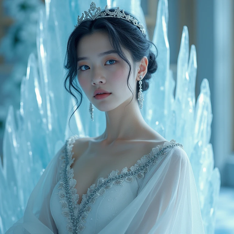 yangmi woman,cool, artstation,photo realistic,beautiful, high-resolution image,Midshots,shartp focus,natural lighting,detailed clothing, in mid centry clothes, a princess stands and wears princess hat in back, her wedding dress on the moon is taking place, flat chest, black hair, small tiara, floating skirt, shiny hair, white dress, long sleeves, beautiful red bracelet, white veil, white jewelry, beautiful face painting, masterpiece, Negative prompt <lora:yangmi_XLB6e4_6-000018:0.6>