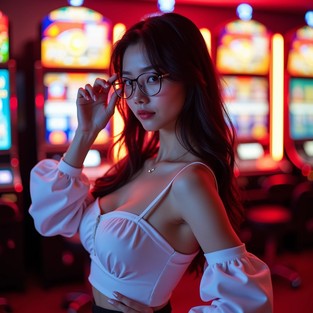 Best quality: 1.4, high resolution, perfect lighting, 1 girl, big breasts, glasses, arcade, hair tied