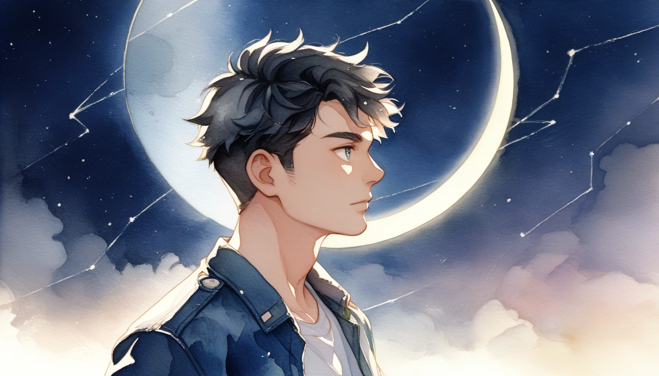 an anime-style watercolor painting of a man in his 20s gazing up at the starry night sky, side profile, slightly wavy short black hair gently illuminated by soft starlight, wearing a casual shirt and jacket, {vivid constellations and a glowing crescent moon in the background}, delicate and fluid watercolor strokes, inspired by Makoto Shinkai and modern anime aesthetics, soft blues and purples blending into the horizon, glowing edges on his face, tranquil and atmospheric mood, diffuse lighting, high-resolution watercolor texture