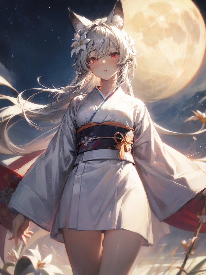 (masterpiece, highest quality:1.2),pixiv,  
1 girl, alone, long hair, moon,  kimono,  kimono, gray hair, looking at the viewer, animal ears, red eyes, long sleeve, bangs, full moon, wide sleeve, Flower pattern, hair ornaments, tassel, hair between eyes, flower, Are standing, parted lips, fox ears, animal ears' cotton fur, white  kimono, hair flower, print  kimono, very long hair, white flower, legs stick out from frame, (nsfw) 