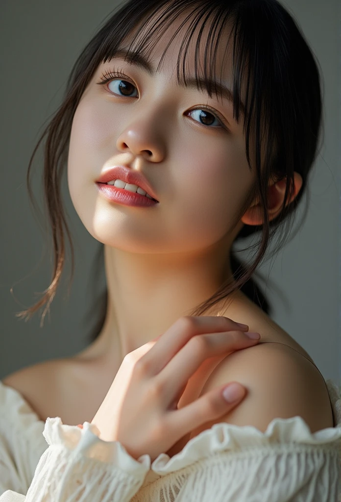    smile :2.0、Tilt your face slightly to the right  ;2.1 ( Ultra Precise Human Body Structure     ,  top quality、   RAW photo 、8k、32K、masterpiece、   realistic   、 Photo  realistic  :1.37)、Cute Japanese women images、  white off-the-shoulder wedding dress）、   whole body、 1 girl、Photo Mapping、  Looking above with moist eyes  、   high image quality、     high res  、1080P、(   beautiful faces)、(  detailed facial description   )、(     Detailed description of the hand setter  &#39;  muscle area  )、(  CG Details  )、   rich details   、(   Stunning Features   :1.35)、(   detail eyes)、 Beautiful women are、 what is expected in your eyes  、Delicate clavicle、  Mr.々A pose 、 Extremely realistic and detailed portrait of a young woman 。  Beautiful skin 、  Extremely  realistic  and detailed portrait of a young woman with soft light reflected high on her cheeks   .、     small pores and hair follicles    、   Extremely realistic and detailed upper body portrait of a    。The skin is smooth、 A highly realistic and detailed upper body portrait of a young woman wearing fluffy off-the-shoulder pajamas. 、Healthy glow。   The eyes are large and clear blue、  虹彩には細かい模Mr.があります  、 Light reflects 、  wearing a white wedding dress made of thin fabric 、  There is a slight shadow under her eye   、    Perfect focus on the face and upper body.  。  her lips are soft pink  、   Smooth texture that gives off a natural glow   、 。  View。   woman is wearing a simple white top     .、  The background is a soft black and white gradient  .、 The focus is completely on the face and upper body 。   realistic    shadows and textures、   picture-like depiction.。
