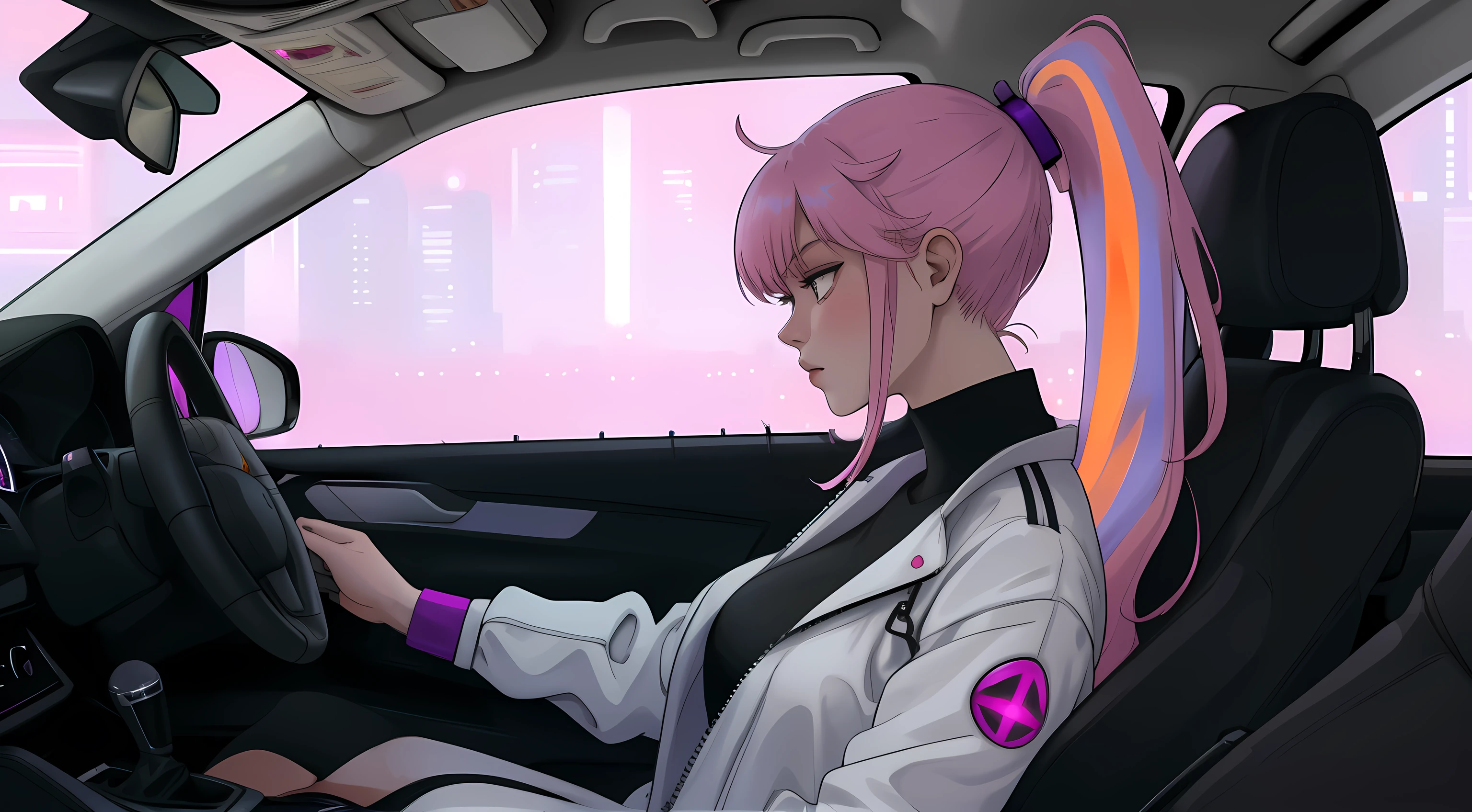 "An anime-style a woman with long purple hair and pink highlights tied in a ponytail, sitting in the driver's seat of a car. The angle is from the front passenger seat, capturing her side profile with a clear view of her face, slightly illuminated by the soft glow of the car’s dashboard lights. Her expression is calm and introspective as she gazes out of the driver's side window into the night. She is wearing a white tank top under a zipper jacket, which is unzipped halfway, subtly revealing her neckline for a casual yet stylish look. The interior of the car features subtle neon purple lighting, reflecting a futuristic and cyberpunk aesthetic. The steering wheel is partially visible, and her hand rests lightly on it. Outside the window, a vibrant urban cityscape is visible, with tall, glowing skyscrapers and scattered streetlights under a clear, starry sky. The atmosphere is quiet and reflective, blending modern technology and emotional depth. She exudes a sense of individuality and calmness, suited for a late-night drive. No cigarettes or smoke are present, maintaining a clean and serene vibe."
