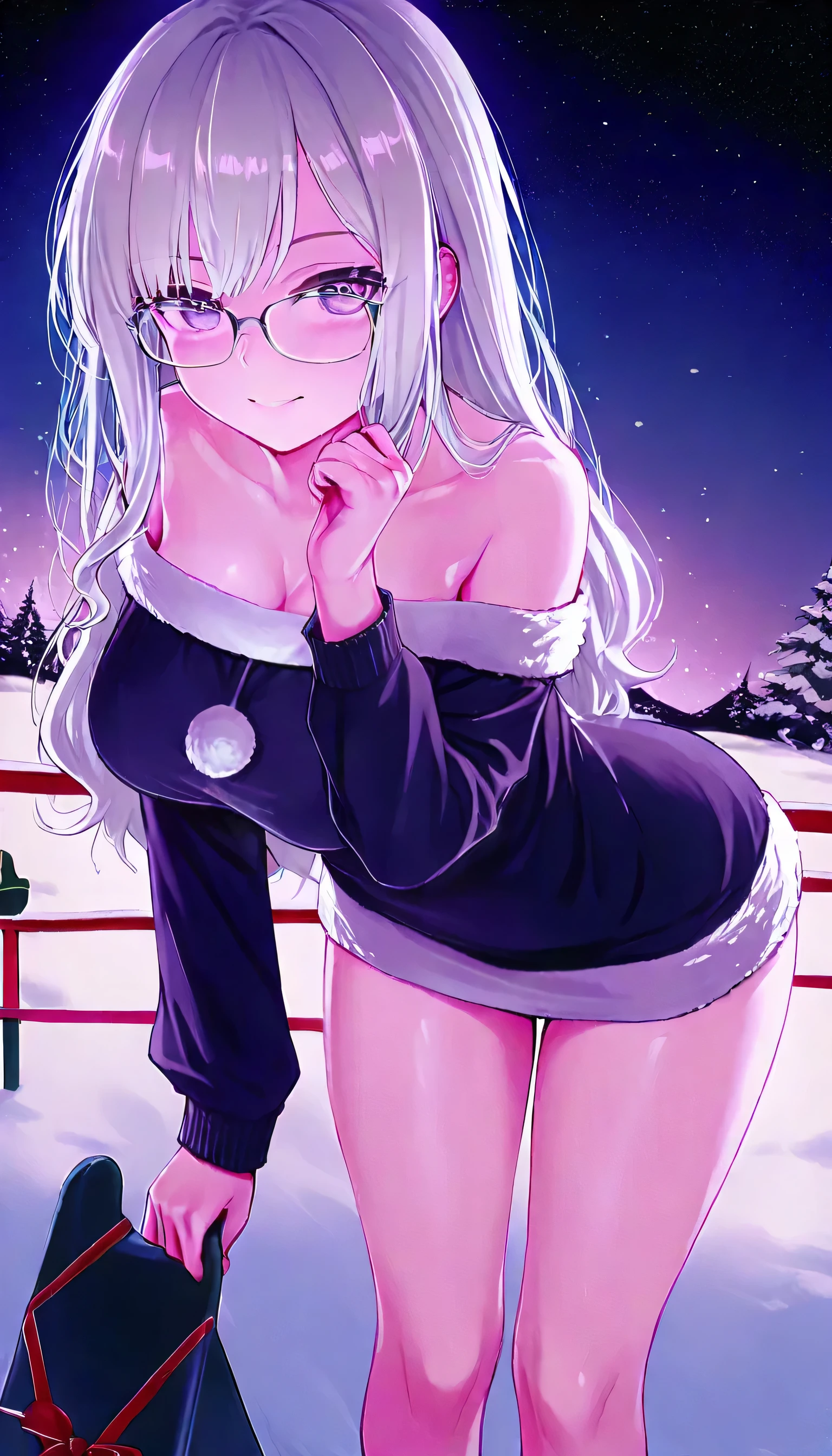  Christmas、Santa、ブラックSanta、 silver hair fufuah curl hair、Glasses、Beautiful breasts、 ブラックSantaクロース、Sled、background night sky 、Sledでを走る