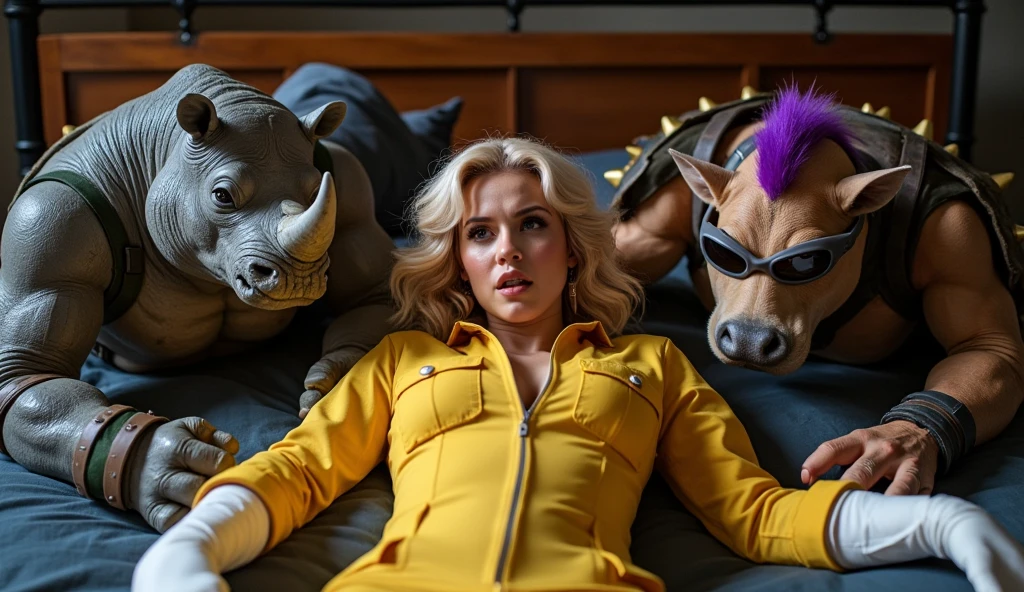 Create a close-up depiction of laying on the bed is scared bondage April O'Neil trapped between Rocksteady and Bebop from Teenage Mutant Ninja Turtles in a tense and dramatic moment. Rocksteady, a muscular humanoid rhinoceros with gray skin, military gear, and a menacing expression, laying on one side, while Bebop, a humanoid warthog with a punk-style purple mohawk, sunglasses, and spiked accessories, laying on the other. April, in her signature yellow jumpsuit with top buttons opened, , with utility details and white boots, should appear terrified, with wide eyes and a panicked expression. The background should feature a dimly lit, bedroom setting with wooden and metallic furniture, emphasizing the danger and suspense. (she is blonde with wavy hair), they are opening April's shirt's buttons