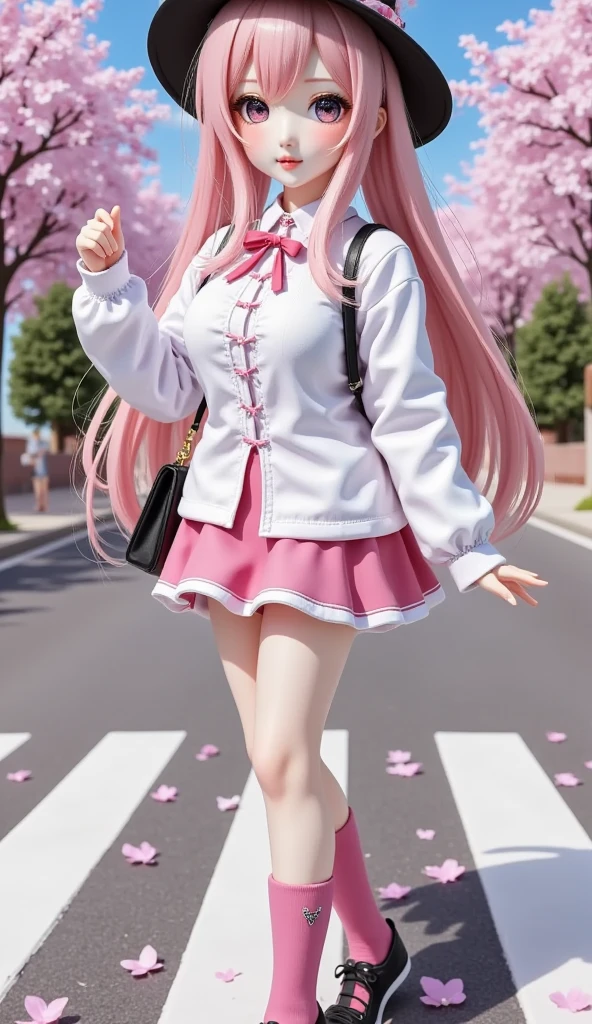 1girl, solo, long hair, looking at viewer, skirt, shirt, long sleeves, hat, holding, twintails, very long hair, standing, full body, white shirt, pink hair, flower, outdoors, shoes, socks, pink eyes, bag, arm up, tree, black headwear, shadow, standing on one leg, cherry blossoms, pink skirt, walking, road, pink theme, spring \(season\), crosswalk, pink socks, hatsune miku, sakura miku , eye trail,backlighting,depth of field,cinematic lighting,light particles,lens flare, (artist:quasarcake:0.8),extreme aesthetic,(wlop:0.6),honjou honjou raita,lack,rella,wanke, raita,lack,rella,wanke,masterpiece,best quality,good quality,newest,year 2024,year 2023,very aesthetic,absurdres,Visual impact,A shot with tension, ultra-high resolution,32K UHD,sharp focus,best quality,masterpiece,Emotionalization,unconventional supreme masterpiece,masterful details,temperate atmosphere,with a high end texture,in the style of fashion photography, (Visual impact:1.2),giving the poster a dynamic and visually striking appearance,impactful picture,offcial art,colorful,splash of color,movie perspective, masterpiece,best quality,amazing quality,very aesthetic,absurdres,best quality,newest,crossed legs,as ghost mode,gylm