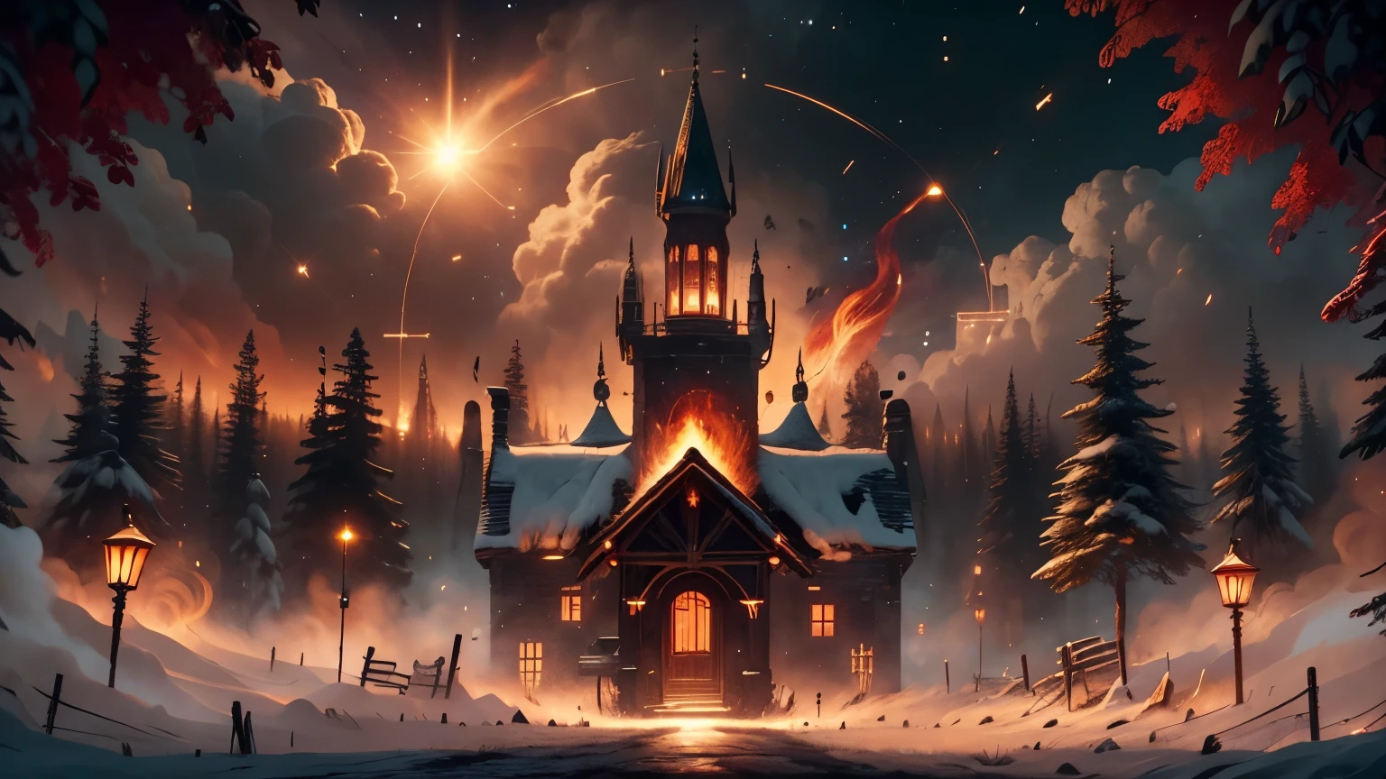 burning, rural medieval town streets, war, red sky, fire in the sky, lluvia de meteoritos, collpase buildings, blood in screen, apocalipsis, holocaust, explotions, dark hell-themed environment, fire, 4k, ultra-detailed, photorealistic, intricate details, warm lighting, snow, Christmas tree, presents, burning forest, red lens flare, horror atmosphere, many skeletons hanging