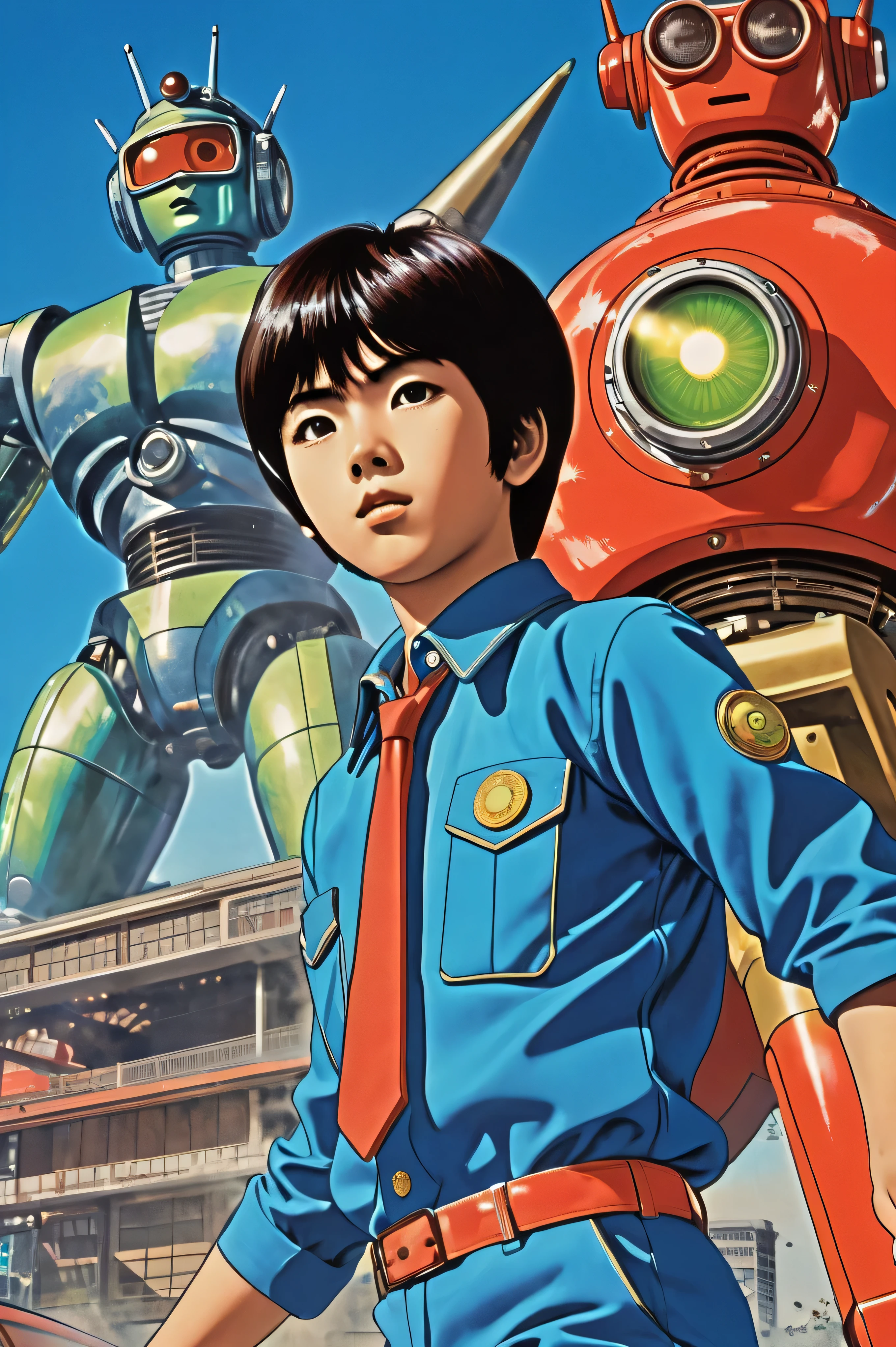 Manga characters, 1970's comic art , 1970's Japanese TV show monster, detailed Digital Paint, bright color, dynamic composition , Dramatic lighting, vintage aesthetics , ( top quality,4K,8k, high definition ,masterpiece:1.2), {{more}} ,( realistic ,photo realistic ,photo- realistic :1.37), Extremely Detailed Eyes and Faces , has long eyelashes, Beautifully Drawn , dynamic composition ,Dramatic lighting, bright color, retro anime style poster 、 retro futuristic ,1960s anime , 1970's Japanese TV , Tsuburaya Productions , Retro manga illustration of a young boy with goggles carrying a red guitar, standing in front of a large split robot head background, the head split between colorful (blue, orange, and red) and mechanical sketch sections, bright lime green background with white lightning bolts, manga art style from the 1970s-80s, boy wearing blue uniform with gold buttons, dynamic pose with one leg raised, heavy black outlines, anime character design, glowing sparkle effects, cross-section technical drawing style for the mechanical half, bold contrasting colors, watercolor-like texture in the background , SFX transformation hero , Manga art, Digital Paint