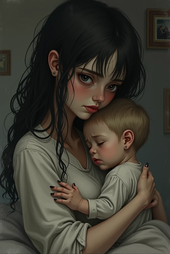 Close-up portrait of a grief-stricken young white woman with long black wavy hair holding a crying , rendered in black and white manga style. It's a rainy night in 19th century London. The woman is crying as she tries to comfort the baby.