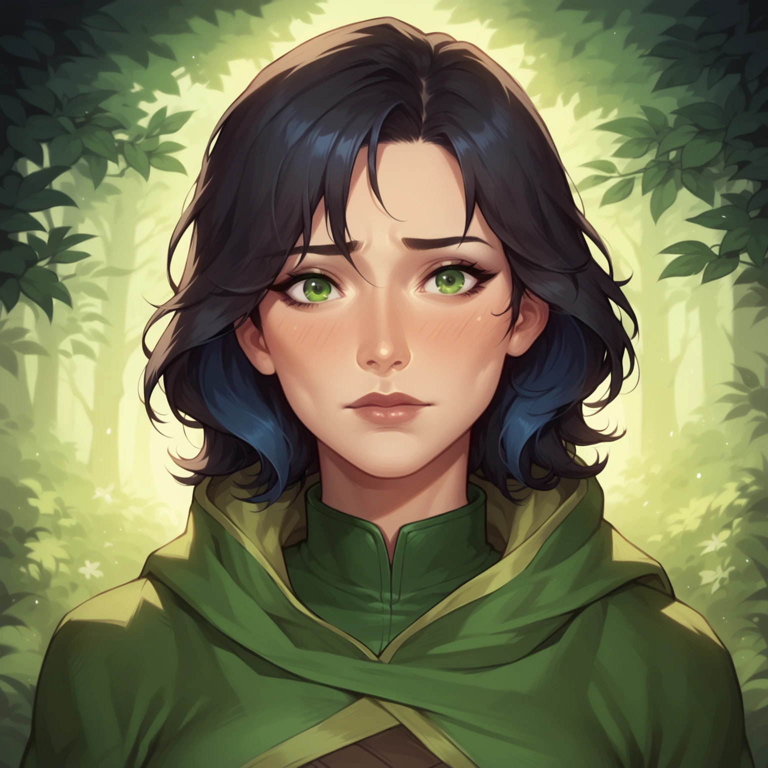 (((beautiful, high quality, comics style, detailed face))), score_9, score_8_up, score_7_up, BREAK, BLACK HAIR, asian woman, (wearing a rogue outfit, hood, bandoleer, cloak), green eyes, dark blue hair, bangs in her eyes, nervous expression, 1girl, female focus, solo, portrait, upper body, portrait, fantasy, nighttime, forest background, (dynamic lighting:1.1) ((masterpiece)), Expressiveh, detailxl