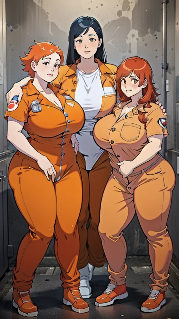 Realistic Photography, Beautiful Females ,Chubby females, group of 5 womans, huge breasts (1,9), Wearing Ghostbusters orange clothes, Orange Inmate jumpsuit, together, medium futanari bulge in her inner thighs, CLOSED Orange Inmate jumpsuit, BACKGROUND A PRISION'S  complex