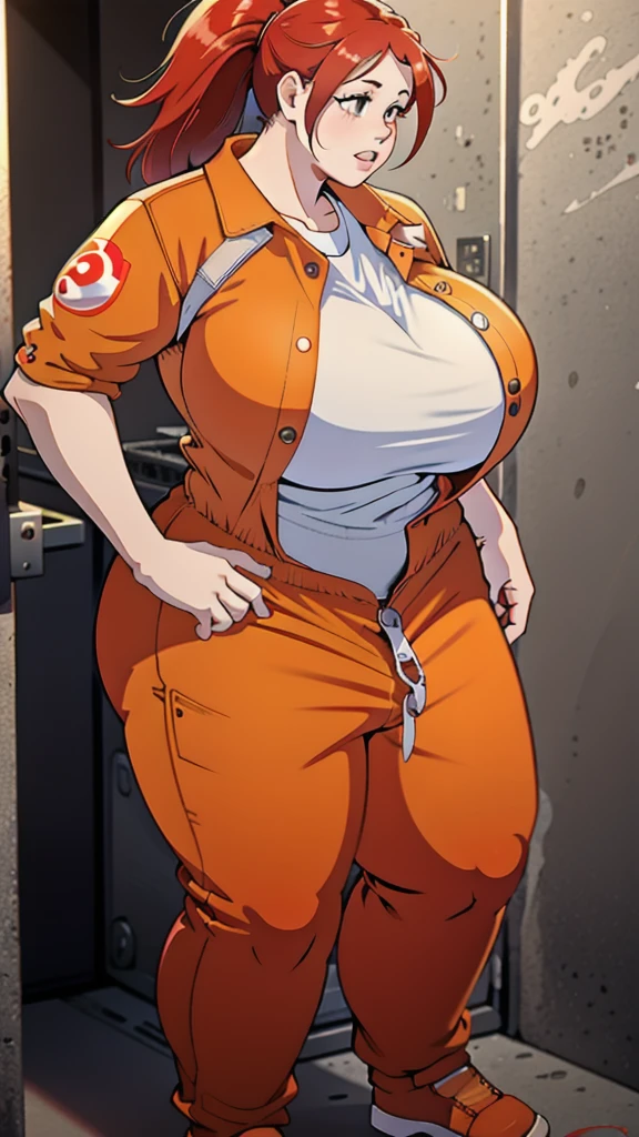 Realistic Photography, Beautiful Females ,Chubby females, group of 5 womans, huge breasts (1,9), Wearing Ghostbusters orange clothes, Orange Inmate jumpsuit, together, medium futanari bulge in her inner thighs, CLOSED Orange Inmate jumpsuit, BACKGROUND A PRISION'S  complex