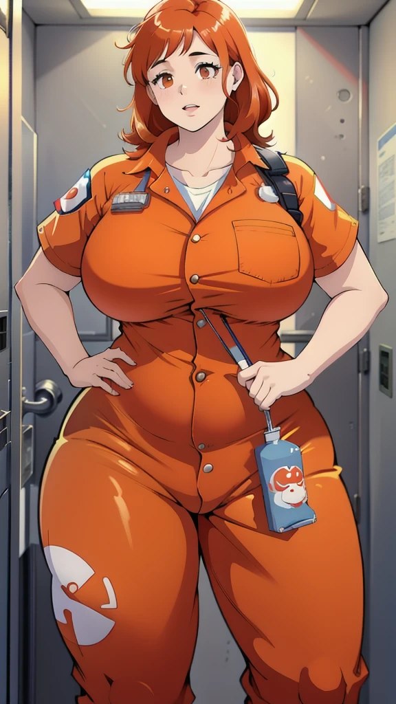 Realistic Photography, Beautiful Females ,Chubby females, group of 5 womans, huge breasts (1,9), Wearing Ghostbusters orange clothes, Orange Inmate jumpsuit, together, medium futanari bulge in her inner thighs, CLOSED Orange Inmate jumpsuit, BACKGROUND A PRISION'S  complex