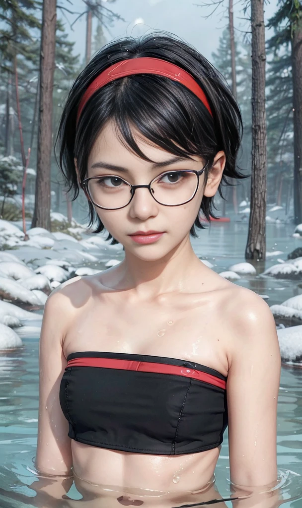 masterpiece, best quality, (realistic,photo-realistic:1.4), (RAW photo:1.2), extremely detailed CG unity 8k wallpaper, delicate and beautiful, amazing,finely detail, official art, absurdres, incredibly absurdres, huge filesize, ultra-detailed,extremely detailed eyes and face,light on face,sarada,(smirk:1.4),(black hair:1.4),(very short hair:1.4),nature,sarada uchiha,(wearing black glasses:1.5),(partially submerged:1.5),(nature:1.4),(tube top:1.4),red hairband,(winter background:1.5),pine forrest