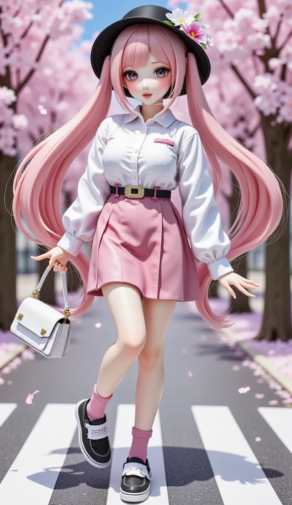 1girl, solo, long hair, looking at viewer, skirt, shirt, long sleeves, hat, holding, twintails, very long hair, standing, full body, white shirt, pink hair, flower, outdoors, shoes, socks, pink eyes, bag, arm up, tree, black headwear, shadow, standing on one leg, cherry blossoms, pink skirt, walking, road, pink theme, spring \(season\), crosswalk, pink socks, hatsune miku, sakura miku , eye trail,backlighting,depth of field,cinematic lighting,light particles,lens flare, (artist:quasarcake:0.8),extreme aesthetic,(wlop:0.6),honjou honjou raita,lack,rella,wanke, raita,lack,rella,wanke,masterpiece,best quality,good quality,newest,year 2024,year 2023,very aesthetic,absurdres,Visual impact,A shot with tension, ultra-high resolution,32K UHD,sharp focus,best quality,masterpiece,Emotionalization,unconventional supreme masterpiece,masterful details,temperate atmosphere,with a high end texture,in the style of fashion photography, (Visual impact:1.2),giving the poster a dynamic and visually striking appearance,impactful picture,offcial art,colorful,splash of color,movie perspective, masterpiece,best quality,amazing quality,very aesthetic,absurdres,best quality,newest,crossed legs,as ghost mode,gylm