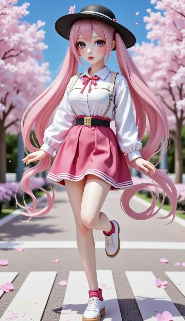 1girl, solo, long hair, looking at viewer, skirt, shirt, long sleeves, hat, holding, twintails, very long hair, standing, full body, white shirt, pink hair, flower, outdoors, shoes, socks, pink eyes, bag, arm up, tree, black headwear, shadow, standing on one leg, cherry blossoms, pink skirt, walking, road, pink theme, spring \(season\), crosswalk, pink socks, hatsune miku, sakura miku , eye trail,backlighting,depth of field,cinematic lighting,light particles,lens flare, (artist:quasarcake:0.8),extreme aesthetic,(wlop:0.6),honjou honjou raita,lack,rella,wanke, raita,lack,rella,wanke,masterpiece,best quality,good quality,newest,year 2024,year 2023,very aesthetic,absurdres,Visual impact,A shot with tension, ultra-high resolution,32K UHD,sharp focus,best quality,masterpiece,Emotionalization,unconventional supreme masterpiece,masterful details,temperate atmosphere,with a high end texture,in the style of fashion photography, (Visual impact:1.2),giving the poster a dynamic and visually striking appearance,impactful picture,offcial art,colorful,splash of color,movie perspective, masterpiece,best quality,amazing quality,very aesthetic,absurdres,best quality,newest,crossed legs,as ghost mode,gylm