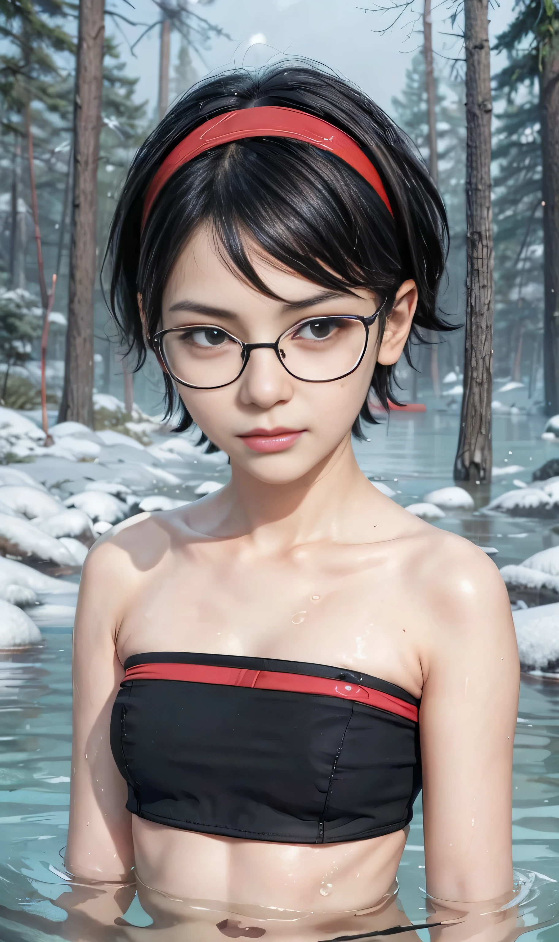 masterpiece, best quality, (realistic,photo-realistic:1.4), (RAW photo:1.2), extremely detailed CG unity 8k wallpaper, delicate and beautiful, amazing,finely detail, official art, absurdres, incredibly absurdres, huge filesize, ultra-detailed,extremely detailed eyes and face,light on face,sarada,(smirk:1.4),(black hair:1.4),(very short hair:1.4),nature,sarada uchiha,(wearing black glasses:1.5),(partially submerged:1.5),(nature:1.4),(tube top:1.4),red hairband,(winter background:1.5),pine forrest