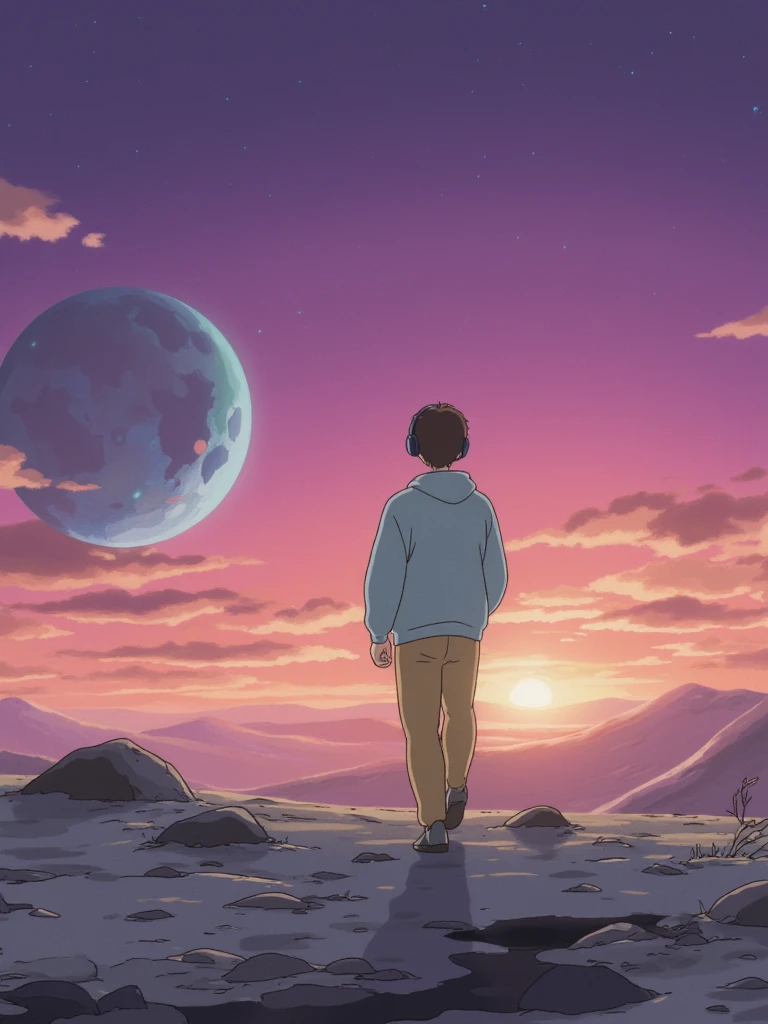  top quality , LOFI風、 boy walking with headphones on the surface of the moon、 anime style、A beautiful sunset in the background、Overall fashionable 、Ghibli style、The background is purplish、 walking I can see the Earth in the back、 Fantastic