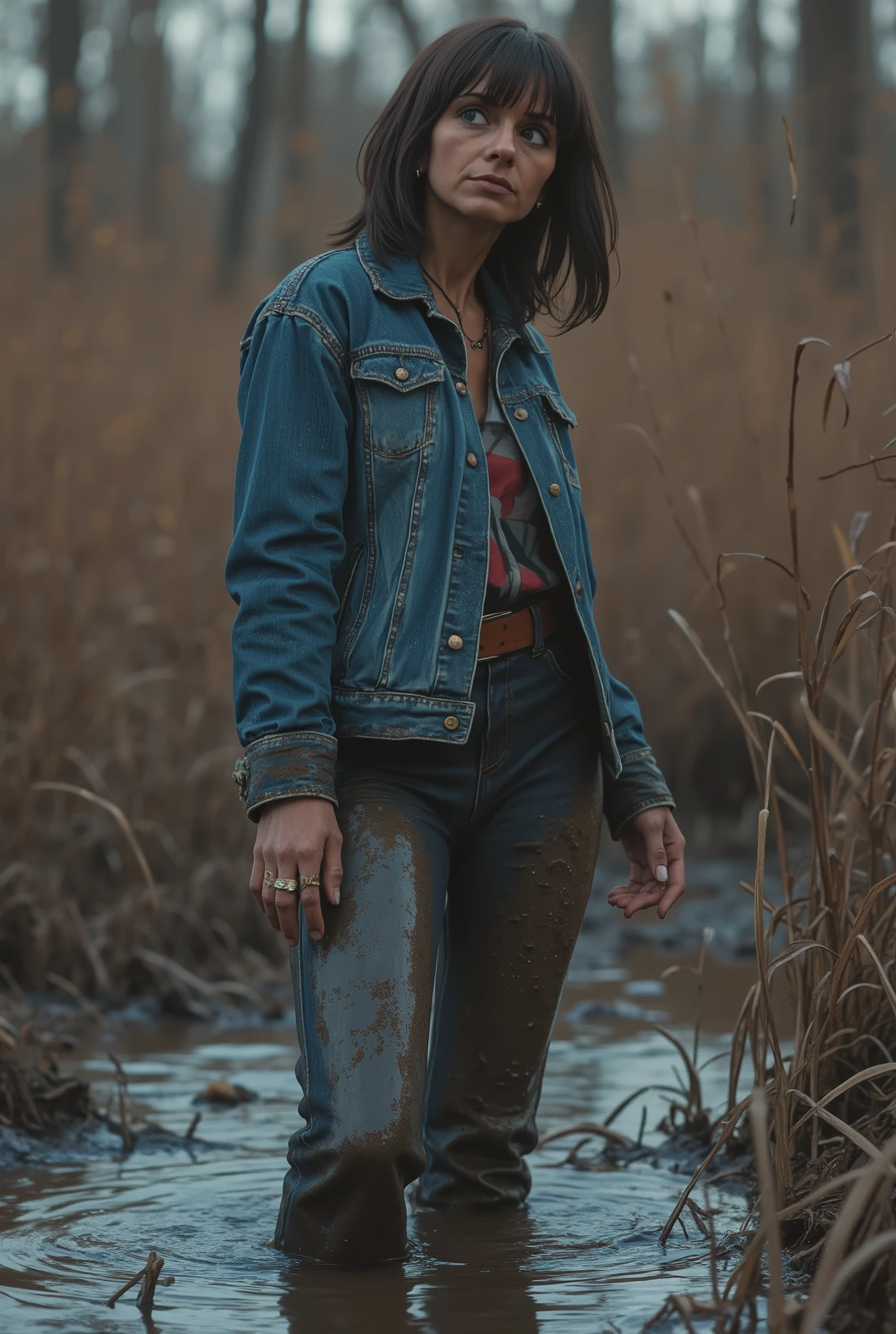 a mature mid-aged woman, in a mud swamp, turning around in orgasm, bob-cut, wearing a denim jacket and dirty LEVIS tight detailed denim jeans, mud-covered skin, (best quality,4k,8k,highres,masterpiece:1.2),ultra-detailed,(realistic,photorealistic,photo-realistic:1.37),HDR,UHD,studio lighting,ultra-fine painting,sharp focus,physically-based rendering,extreme detail description,professional,vivid colors,bokeh,dark,gritty,moody,evening lighting