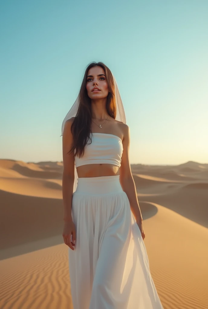 Make Larissa in this same pose wearing an identical outfit in a setting exactly like the one in the photo, cabelo castanho escuro 
