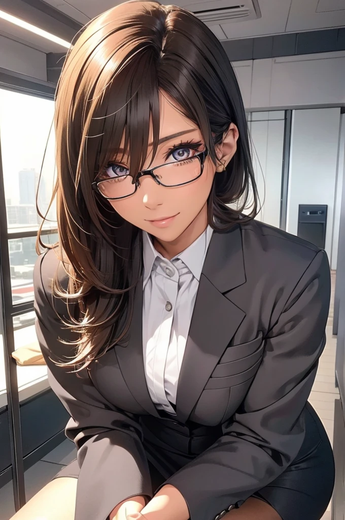 (masutepiece:1.5), the Extremely Detailed CG Unity 8K Wallpapers,(Realistic,Photorealsitic,hyper realisitc:1.5),(curves,model,carismatic:1.5),Beautiful breasts,colours_aberration,beautiful detailed shading,Beautiful eyes,Beautiful body,Beautiful skin,beatiful hands,(cowboys_Shot:1.4),(Seductive smile:1.4),(sit on chair,crossedlegs:1.4),
(Best quality:1.3), High quality shadows, Beautiful detailed, Beautiful face, Detailed eyes, depth of fields, A high resolution, Best shadow, Best illumination, 1girll, view the viewer, Black hair, Blunt bangs, Long hair, Dark blue eyes, Shy, Large breasts, Miniskirt, blouse, Blazer, Pump, Office Lady, Glasses,cleavage