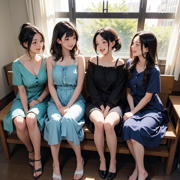 (8k、超High resolution、masterpiece、Anatomically correct、Textured skin、High resolution、Highest quality、High resolution、Professional Lighting、)Four happy girls were sitting on the stone steps, Take a full body photo、Laughing happily、彼女はyukataを着ていた, ビーチSandals,yukata、Sandals, Black Hair, detached houses, Flowers,Happy girl with round face, Big eyes, Long eyelashes, Full-body display、Small pubic area、pants、Detailed panties、Spread your legs、From directly below、pantsが見えてるよ、Open your feet wide、