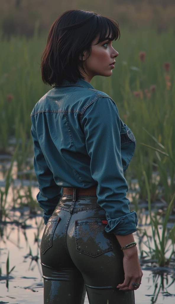 a mature mid-aged woman, in a mud swamp, turning around in orgasm, bob-cut, wearing a denim shirt and dirty LEVIS tight detailed denim jeans, mud-covered skin, (best quality,4k,8k,highres,masterpiece:1.2),ultra-detailed,(realistic,photorealistic,photo-realistic:1.37),HDR,UHD,studio lighting,ultra-fine painting,sharp focus,physically-based rendering,extreme detail description,professional,vivid colors,bokeh,dark,gritty,moody,evening lighting