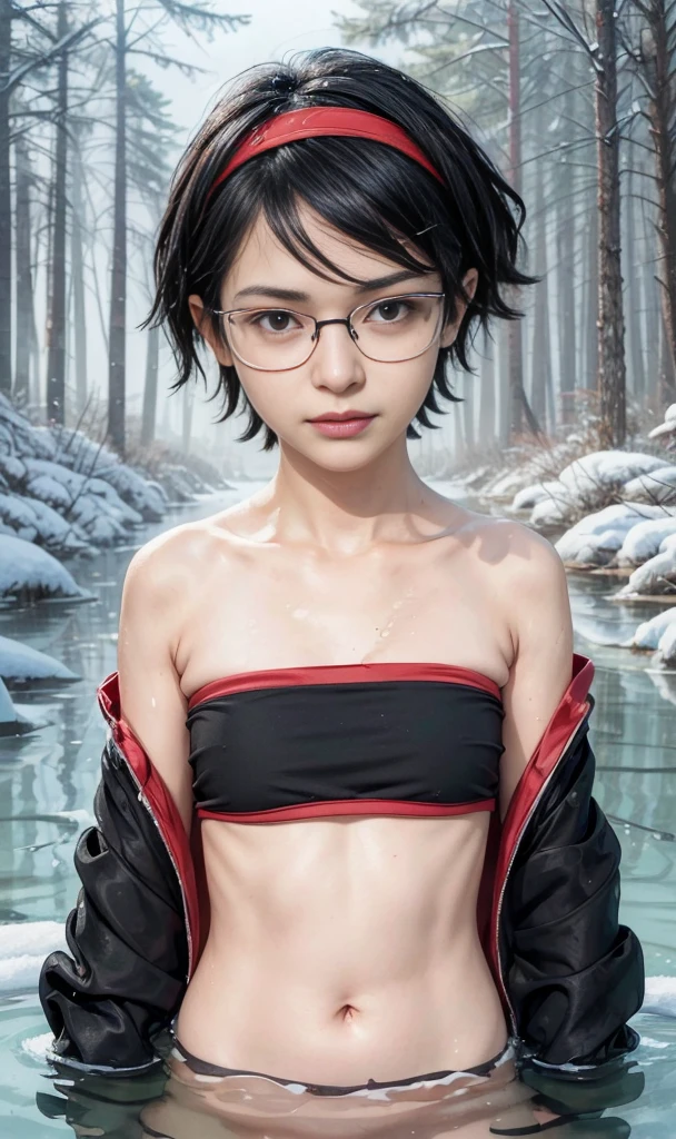 masterpiece, best quality, (realistic,photo-realistic:1.4), (RAW photo:1.2), extremely detailed CG unity 8k wallpaper, delicate and beautiful, amazing,finely detail, official art, absurdres, incredibly absurdres, huge filesize, ultra-detailed,extremely detailed eyes and face,light on face,sarada,(smirk:1.4),(black hair:1.4),(very short hair:1.4),nature,sarada uchiha,(wearing black glasses:1.5),(partially submerged:1.5),(nature:1.4),(tube top:1.4),red hairband,(winter background:1.5),pine forrest,freezing river