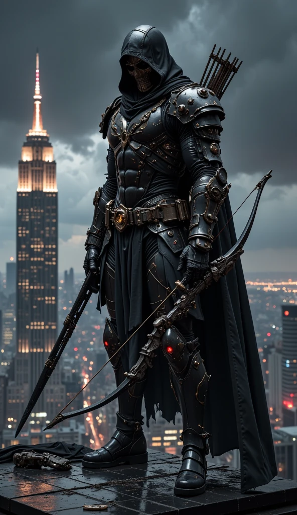 A full-body image of a muscular adult male.black leather full-body image 、and hood, a hooded person in invisible armor . wears leather armor, Tights.epic ninja suit, rogue.Leather fit to cover the whole body. smooth leather .Boy Teenage Assassin , stealth suit , cyberpunk assassin , stand on the roof of a skyscraper. . black night . Dark atmosphere .Low light.Weak lights cast dramatic shadows. Weird cyberpunk atmosphere . cyberpunk city.Futuristic tech style,robot,mecha skin,latex bodysuit .whole body image.Handheld composite mechanical giant bow.full body photo
