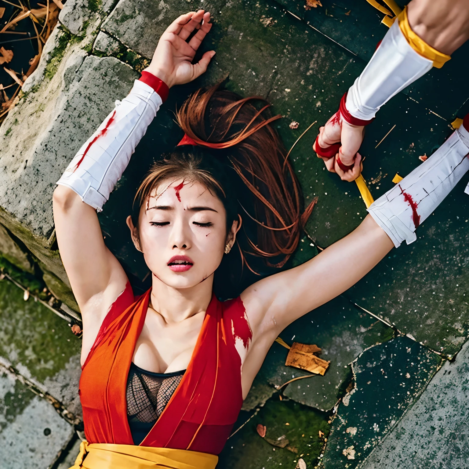 Maki Genryusai, is, lost in a battle against a strong enemy, Lying face up on the ground, tattered, bruises, injury, blood, expression of agony, have their eyes closed, looks painful, pelvic curtain, sideboob, red costume, yellow sash best, high image quality, Bleeding, torn clothes, leotards, Thighs, Agony, whole body