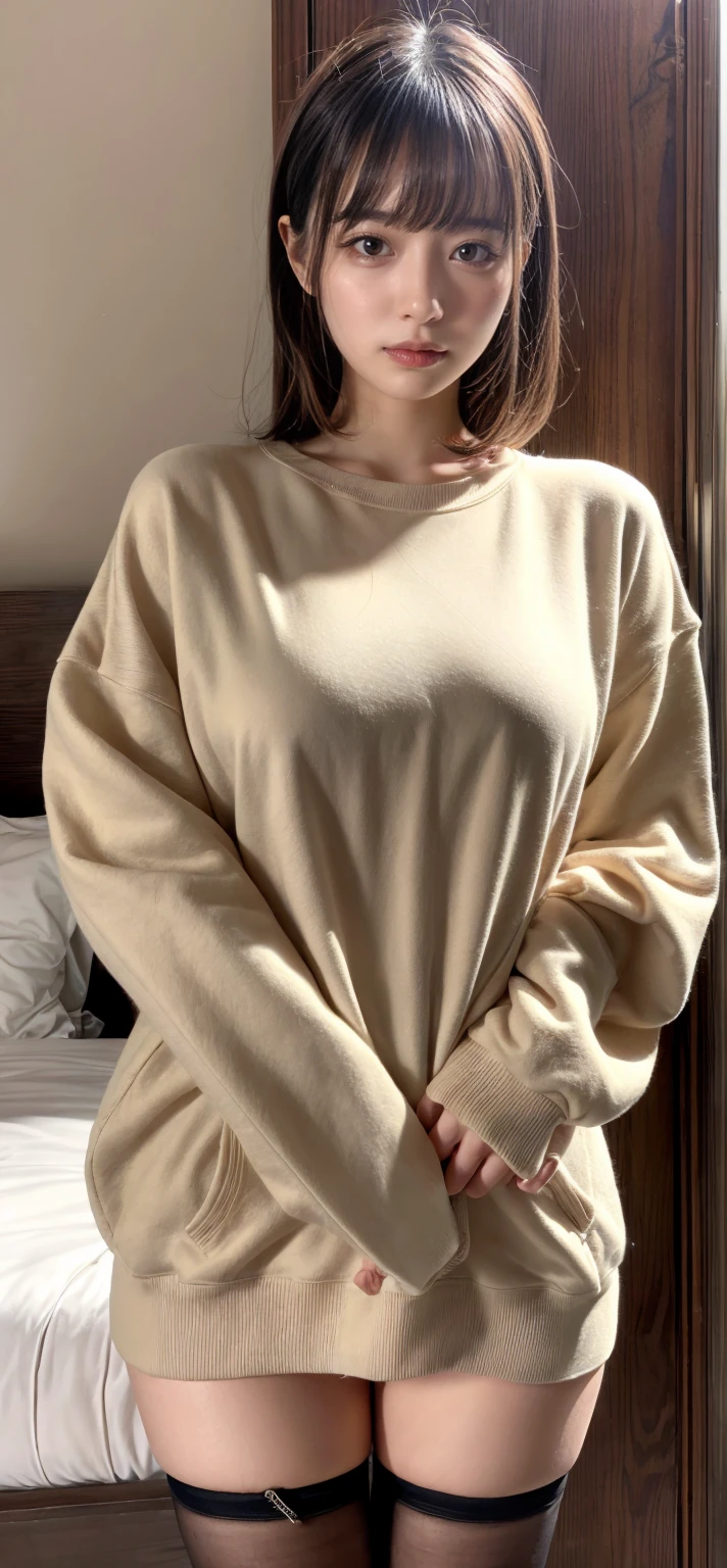 photorealistic, raw photo, best quality, selfie photo of beautiful Yun Xinyi, selfie in living room, oversized loose t-shirt dress, detailed pores, real life indoor lighting, taken with mobile cam, grainy, flashlight