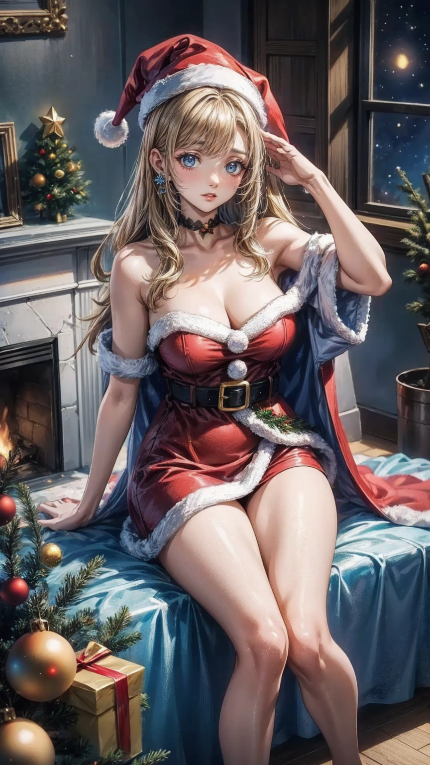 ((((perfect anatomy, super detailed skin)))), 1 girl, japanese, 16 years old, shiny skin, watching the view,
beautiful hair, beautiful face, beautiful detailed eyes, (long hair:1.7, side ponytail:1.5), blond hair, blue eyes, mole under eye,
beautiful clavicle, beautiful body, beautiful chest, beautiful thigh, beautiful legs, babyface, medium breasts, perfect body, gorgeous faces, seductive boobs, seductive thighs,
((wearing santa claus costume, symmetrical clothing, metallic red santa claus hat, metallic red santa claus dress, metallic red santa claus boots, bare shoulders), christmas necklace),
(embarrassed, blush), sitting, spread legs, ((m legs)), sweat,
(beautiful scenery), indoors, livingroom, (christmas tree:1.3),
(top-quality, masterpiece:1.2, extremely detailed), (photorealistic), beautiful illustration, cinematic lighting, (thigh focus, from below, view from forward:1.3),