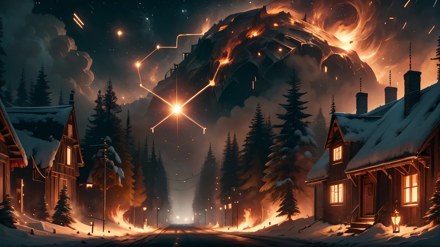 burning, rural medieval town streets, war, dark night, red lightning in sky, fire in the sky, lluvia de meteoritos, collpase buildings, blood in screen, apocalipsis, holocaust, explotions, dark hell-themed environment, fire, 4k, ultra-detailed, photorealistic, intricate details, warm lighting, snow, Christmas tree, presents, burning forest, red lens flare, horror atmosphere, many skeletons hanging