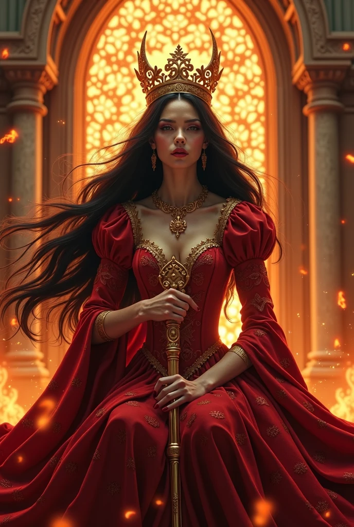 best quality, (masterpiece:1.2), illustration, absurdres, (1girl, solo), (beautiful detailed woman), 8K, Dark_Fantasy, delicate face, (delicate glass pupil: 1.5), standing full body portrait, black in one eye, red in one eye, Queen Belial, in black longe dress and Golden details she have Golden crown and staff