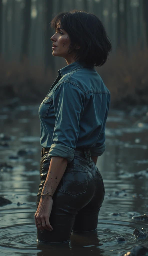 a mature mid-aged woman, in a mud swamp, turning around in orgasm, bob-cut, wearing a denim shirt and dirty LEVIS tight detailed denim jeans, mud-covered skin, (best quality,4k,8k,highres,masterpiece:1.2),ultra-detailed,(realistic,photorealistic,photo-realistic:1.37),HDR,UHD,studio lighting,ultra-fine painting,sharp focus,physically-based rendering,extreme detail description,professional,vivid colors,bokeh,dark,gritty,moody,evening lighting