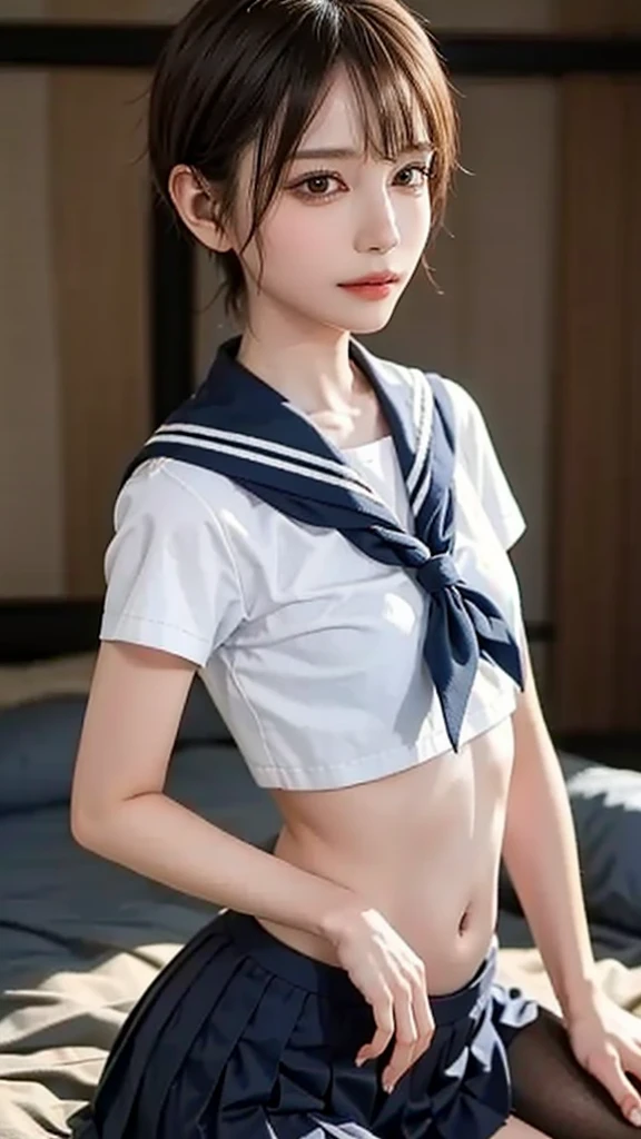 (8K highest quality:1.2), 8k, Official Art, RAW Photos,The uniform was torn、I can see your underwear、skinny、14 years、、unbelievably ridiculous, (whole body, uniform、Sailor suit:), Navy blue mile、Beautiful Face、beautiful girl, Pretty face, lean back,、Gold ornament in hair、close, Sailor suit, Short sleeve, Violet, Teen, View your viewers, Film Grain, chromatic aberration, Sharp focus, Face Light, Dynamic Lighting, Cinema Lighting, Eyes and facial details, Pink wall、