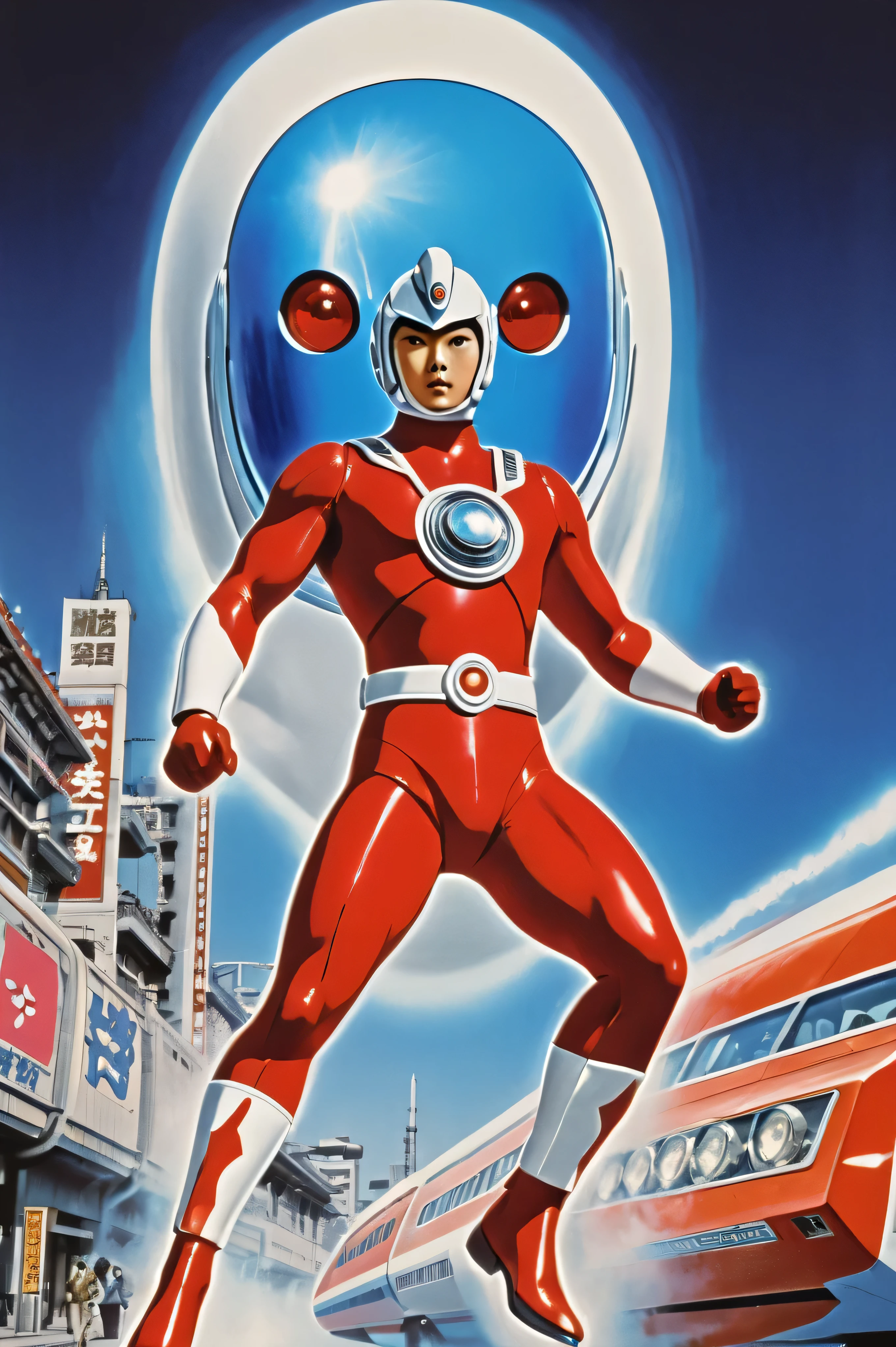  Manga characters,    1970's comic art   ,    1970's Japanese TV    show monster, detailed    Digital Paint,    bright color,    dynamic composition   , Dramatic lighting,    vintage aesthetics      , ( top quality,4K,8k,     high definition   ,masterpiece:1.2),  {{more}} ,(   realistic   ,photo   realistic   ,photo-   realistic   :1.37),   Extremely Detailed Eyes and Faces  ,   has long eyelashes,  Beautifully Drawn   ,   dynamic composition   ,Dramatic lighting,   bright color,   retro anime style poster 、  retro futuristic   ,1960s anime   ,   1970's Japanese TV   ,  Tsuburaya Productions ,   Vintage Japanese toy packaging art from 1960s-70s, featuring an Ultraman-style superhero with blue metallic mask and red suit pointing dramatically at a white and blue bullet train and a flying rocket, Japanese katakana title in red and blue at top, beige/cream aged background with subtle texture, retro illustration style, hero has yellow eyes and distinctive blue crest on head, metallic armor details with circular chest piece and red body suit with silver accents, dynamic action pose, streamlined shinkansen train design in white and blue, high-speed motion lines, vintage print quality with slight color bleeding and paper texture, classic tokusatsu merchandise style ,  SFX transformation hero  , Manga art,   Digital Paint