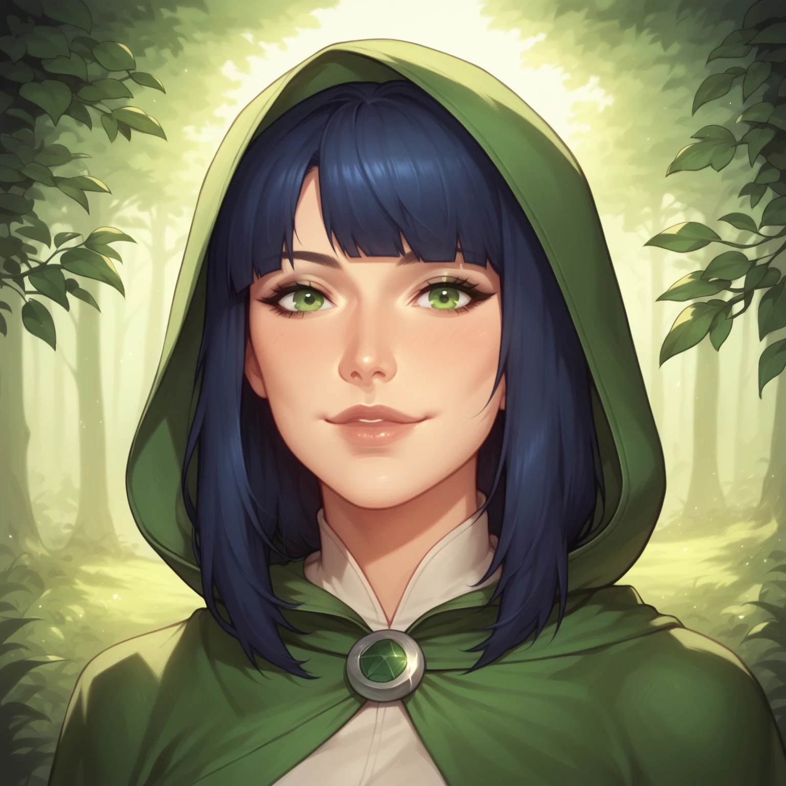 (((beautiful, high quality, comics style, detailed face))), score_9, score_8_up, score_7_up, BREAK, asian woman, (wearing a rogue outfit, hood, bandoleer, cloak), green eyes, dark blue hair, hime cut hair, lovely, , gentle smile, 1girl, female focus, solo, portrait, upper body, portrait, fantasy, nighttime, forest background, (dynamic lighting:1.1) ((masterpiece)), Expressiveh, detailxl