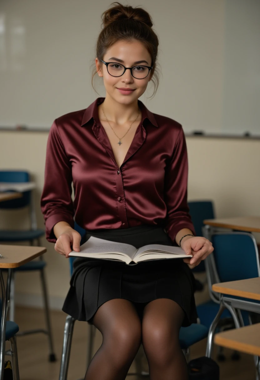 Realistic close shot of a upper body portrait of a beautyful young brunette German teacher aged 23 with ponytail, Glasses, Necklace, smile. Beautiful legs and high heels , She stands in front of the camera and sits on her desk, She wears a burgundy tight hemd made of metallic satin and a tight, black kneelenght pleated skirt with pantyhose, Classroom,  fotoshooting, beautiful female hourglass body, Perfect anatomy]]], Perfect brown eyes. Perfect hands with 5 fingers on each hand, Looking into the camera. (Eye make-up:1.1), (highly detailed skin:1.1), spirit, analog style, sharp concentration, 8K  UHD, dslr, good quality, Fujifilm XT3, Grain, award-winning, Masterpiece. The young woman sit on her desk and presents her beauty. Arbeitsmappe in ihren Händen halten. Verliebter Blick. red bra